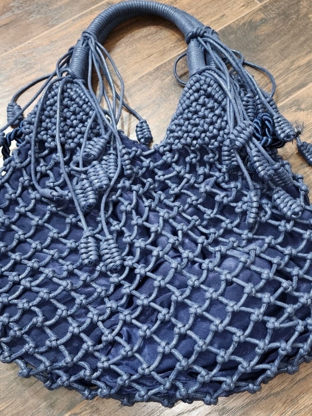 Monserat De Lucca Navy Belen Macramé Knot Tote with Tassel Accents